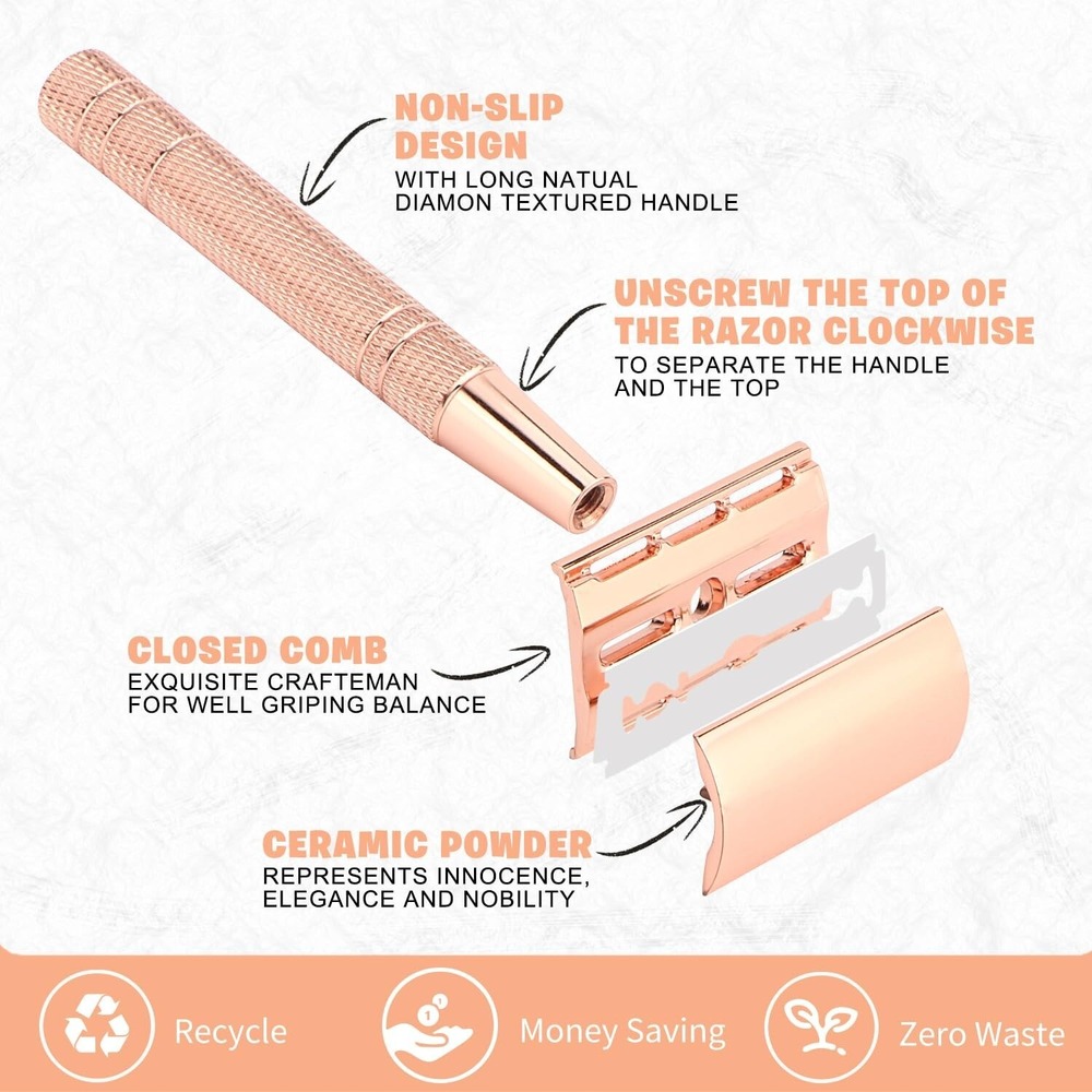 Bulimica Double Edge Safety Razor Rose Gold w/ Stand & 10 Blades New - Picture 2 of 3